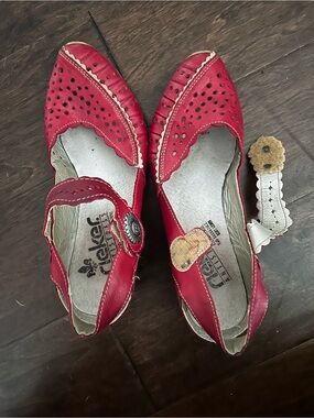 Rieker Red Perforated Leather Mary Jane Shoes with Scalloped Trim